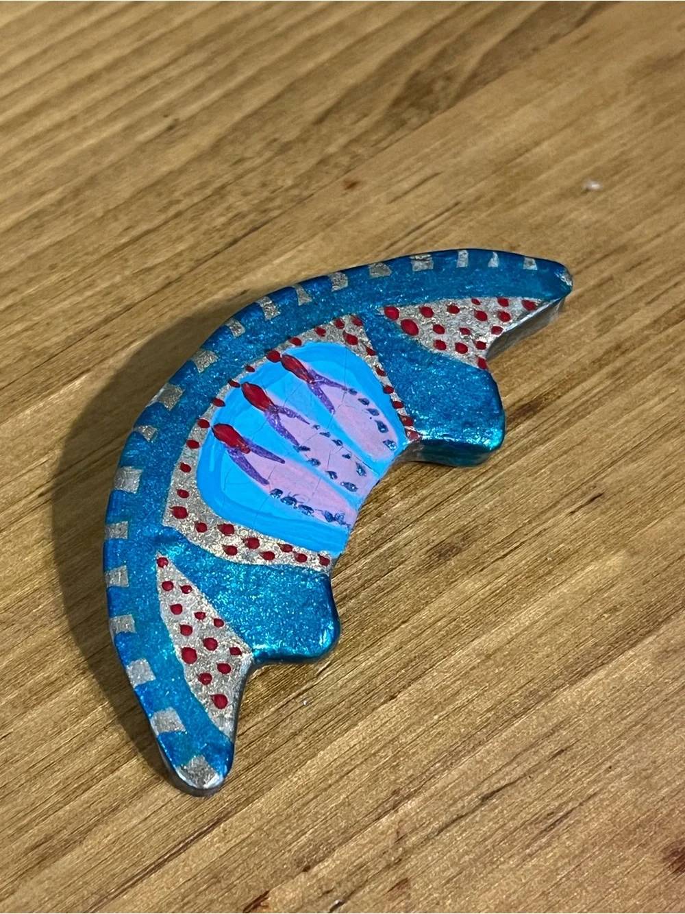 Handcrafted crescent moon brooch whimsical enamel painted with shimmer 2”